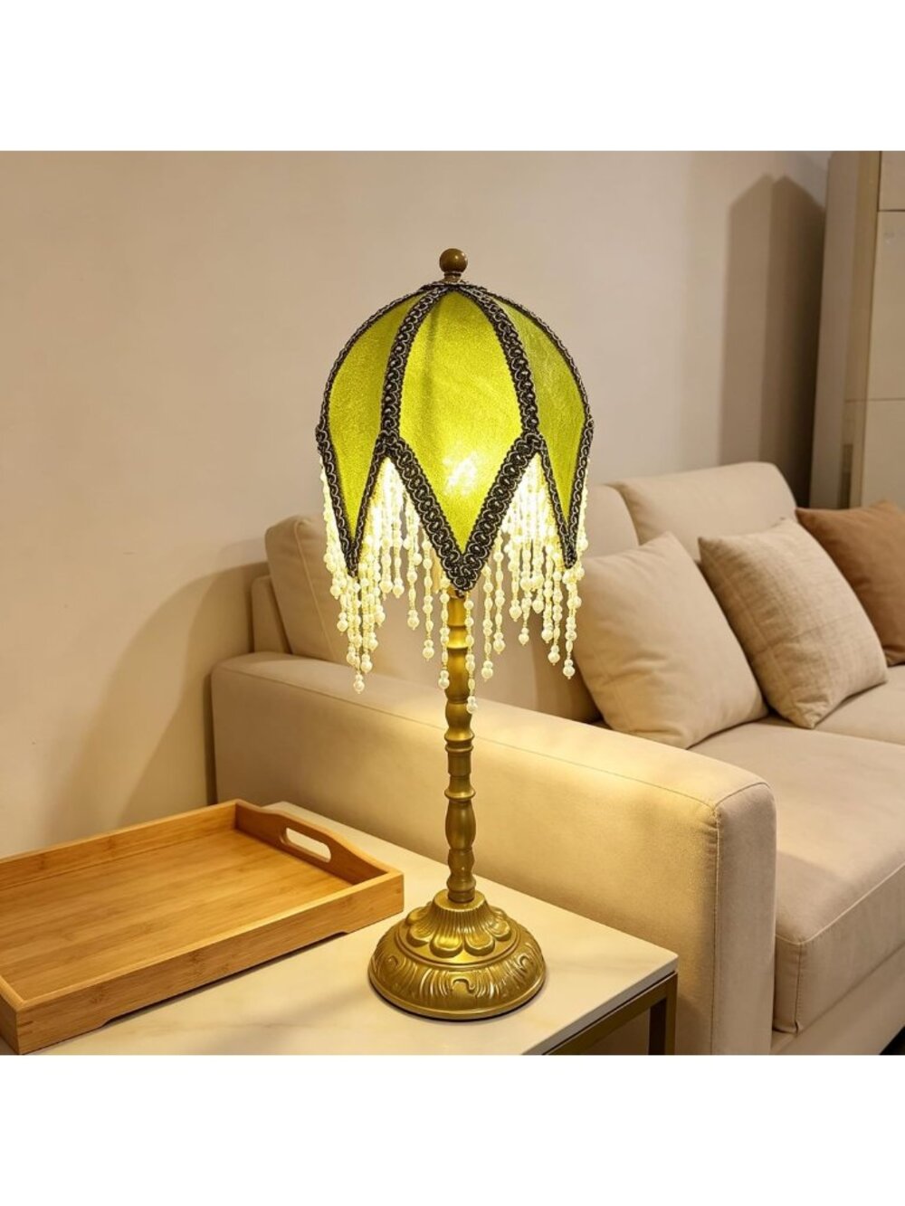 Vintage Tassel Table Lamp with Beaded Shade - Elegant Green & Gold Home Decor